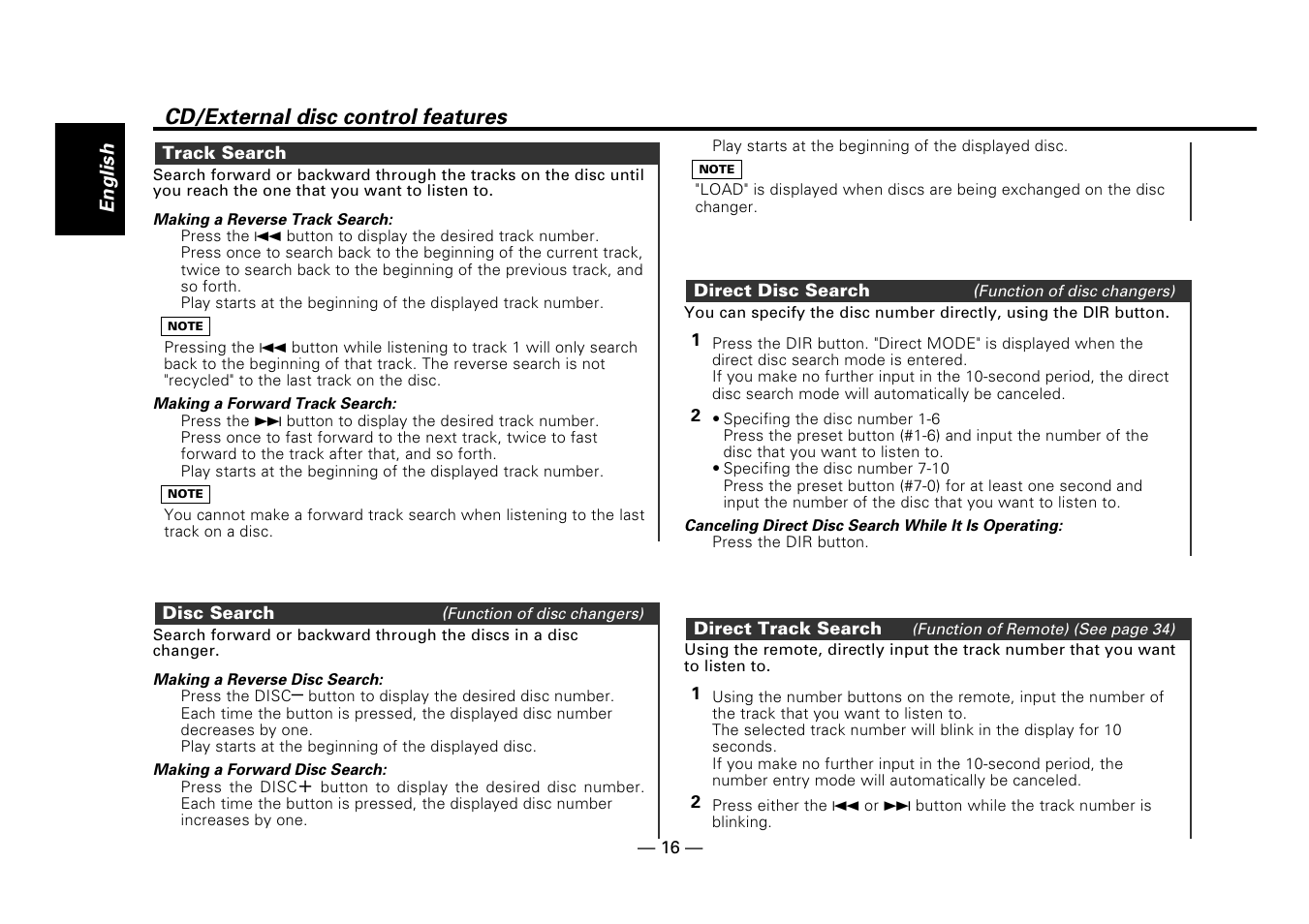 Track search, Disc search, Direct disc search | Direct track search, Cd/external disc control features | Kenwood DPX-5010 User Manual | Page 16 / 48