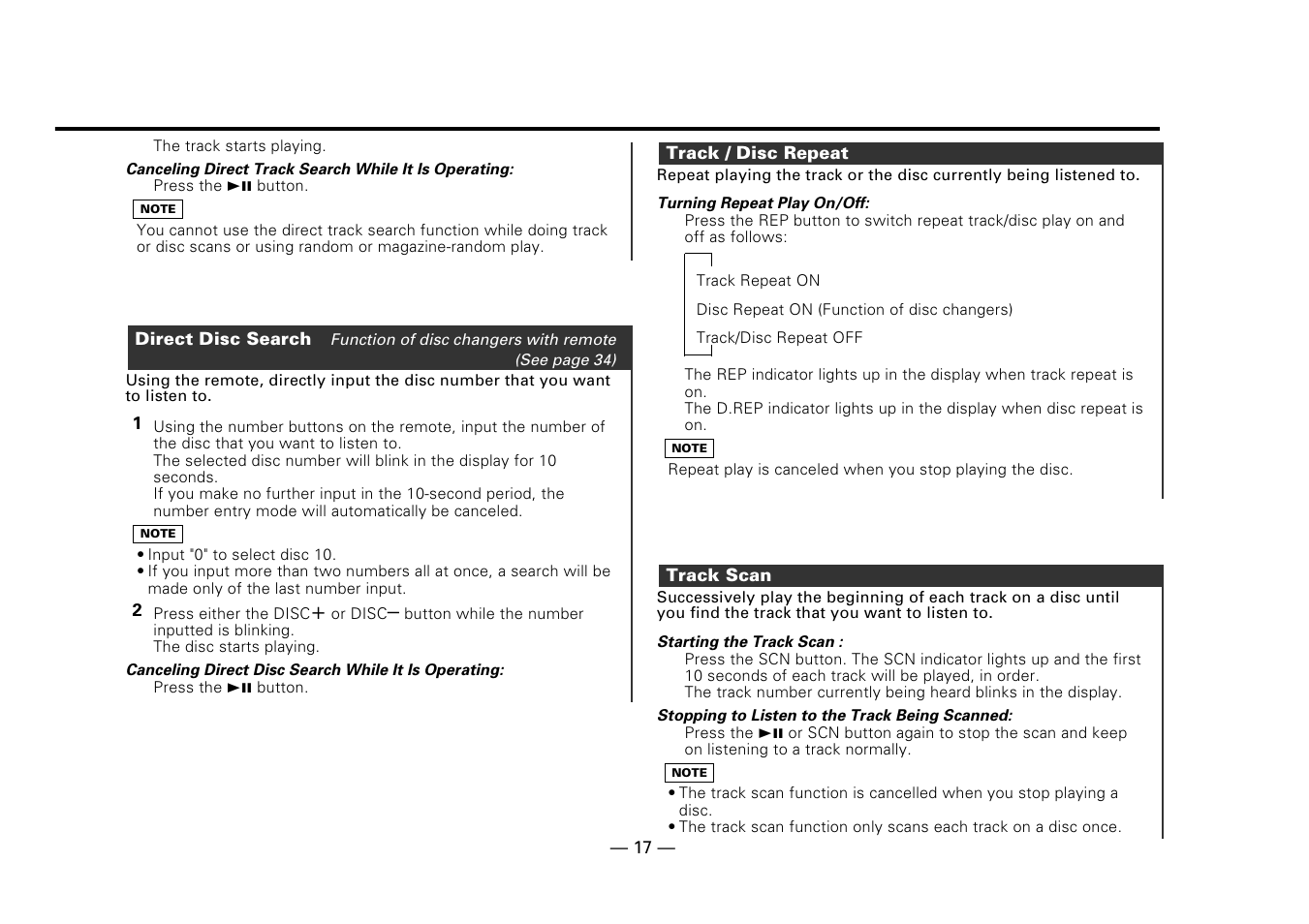Track / disc repeat, Track scan | Kenwood DPX-5010 User Manual | Page 17 / 48