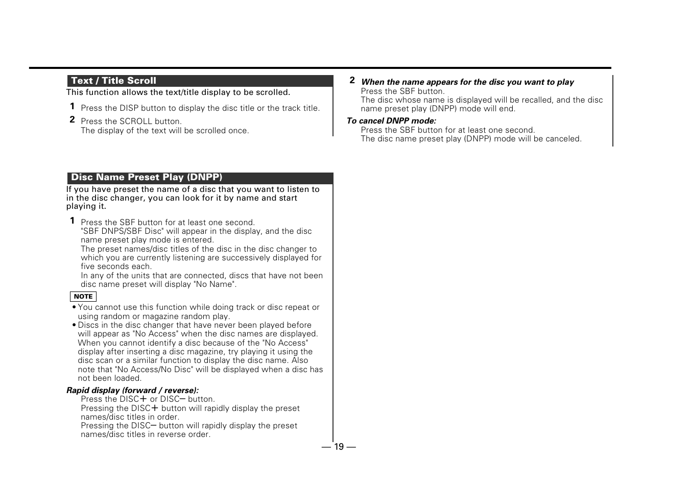 Text / title scroll, Disc name preset play (dnpp) | Kenwood DPX-5010 User Manual | Page 19 / 48