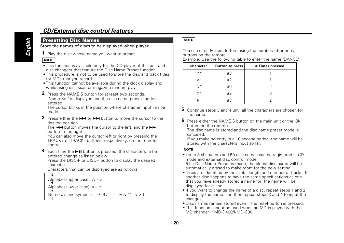 Presetting disc names, Cd/external disc control features | Kenwood DPX-5010 User Manual | Page 20 / 48