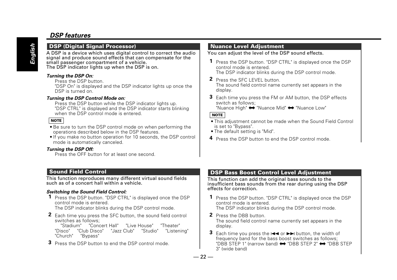 Dsp (digital signal processor), Sound field control, Nuance level adjustment | Dsp bass boost control level adjustment, Dsp features | Kenwood DPX-5010 User Manual | Page 22 / 48