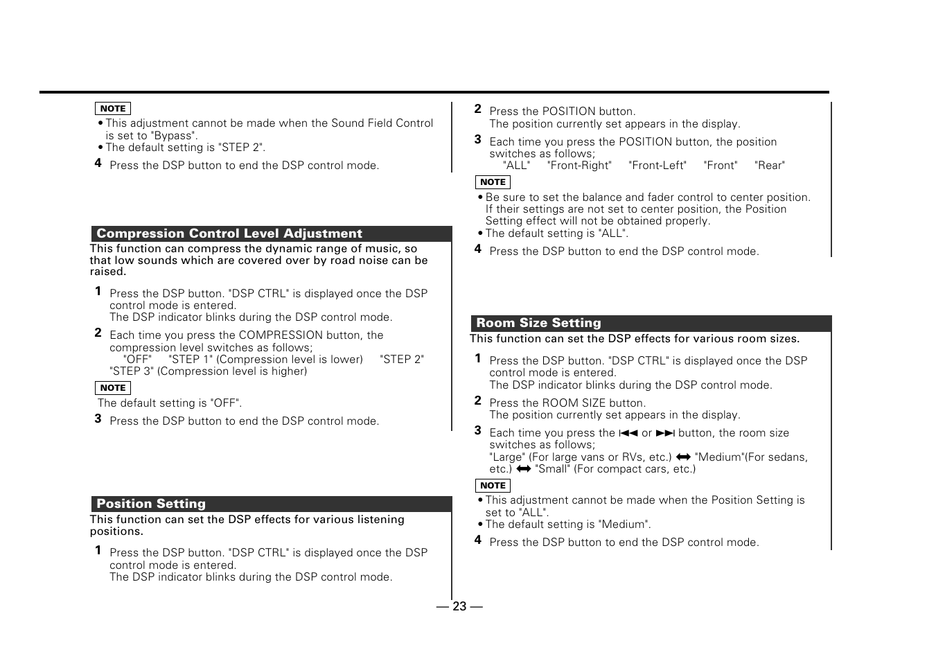 Compression control level adjustment, Position setting, Room size setting | Kenwood DPX-5010 User Manual | Page 23 / 48
