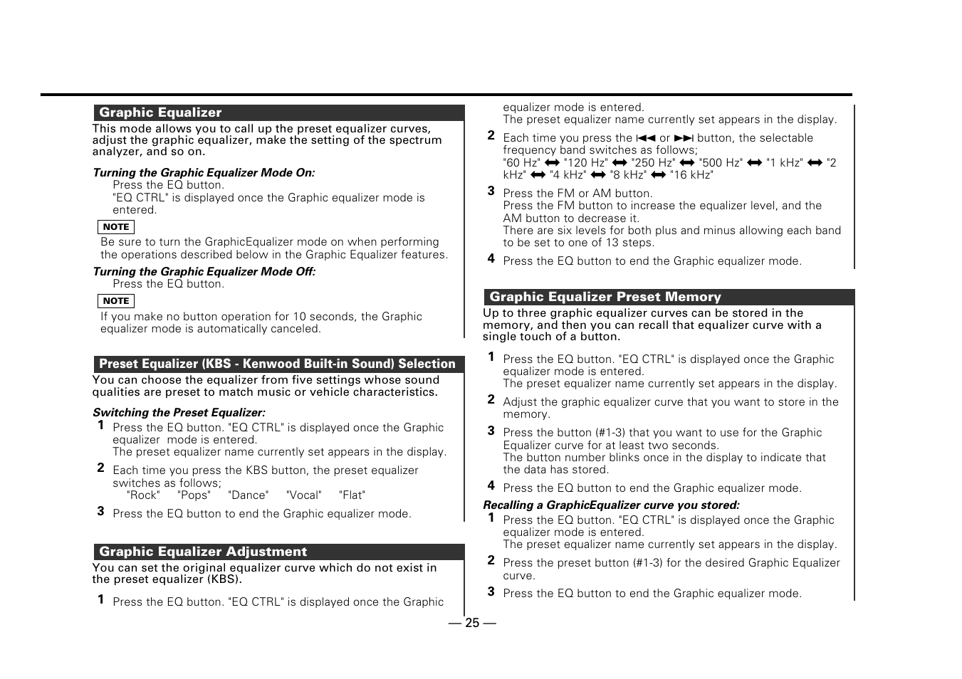 Graphic equalizer, Graphic equalizer adjustment, Graphic equalizer preset memory | Kenwood DPX-5010 User Manual | Page 25 / 48