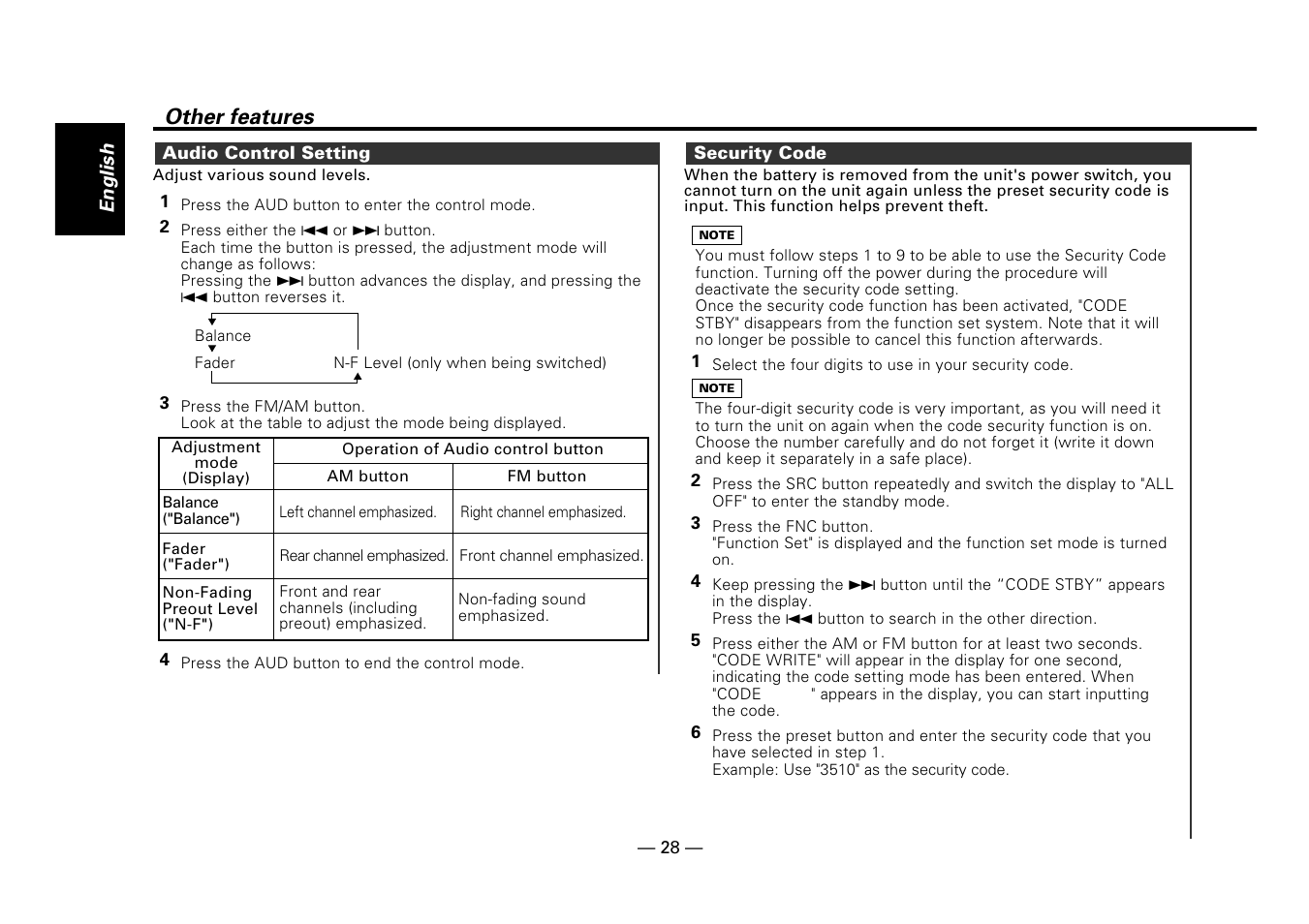 Audio control setting, Security code, Other features | Kenwood DPX-5010 User Manual | Page 28 / 48