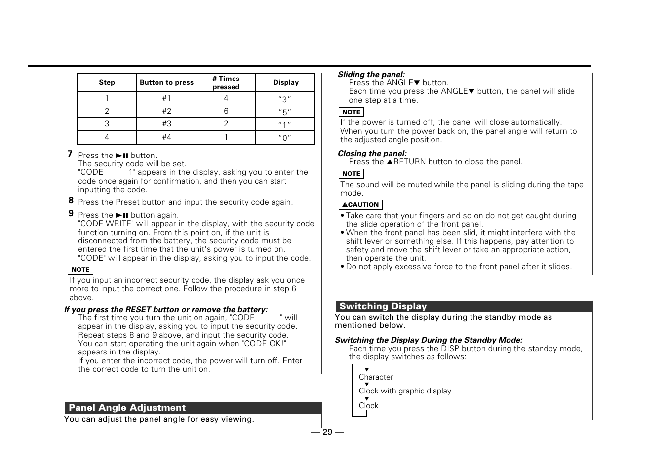 Panel angle adjustment, Switching display | Kenwood DPX-5010 User Manual | Page 29 / 48