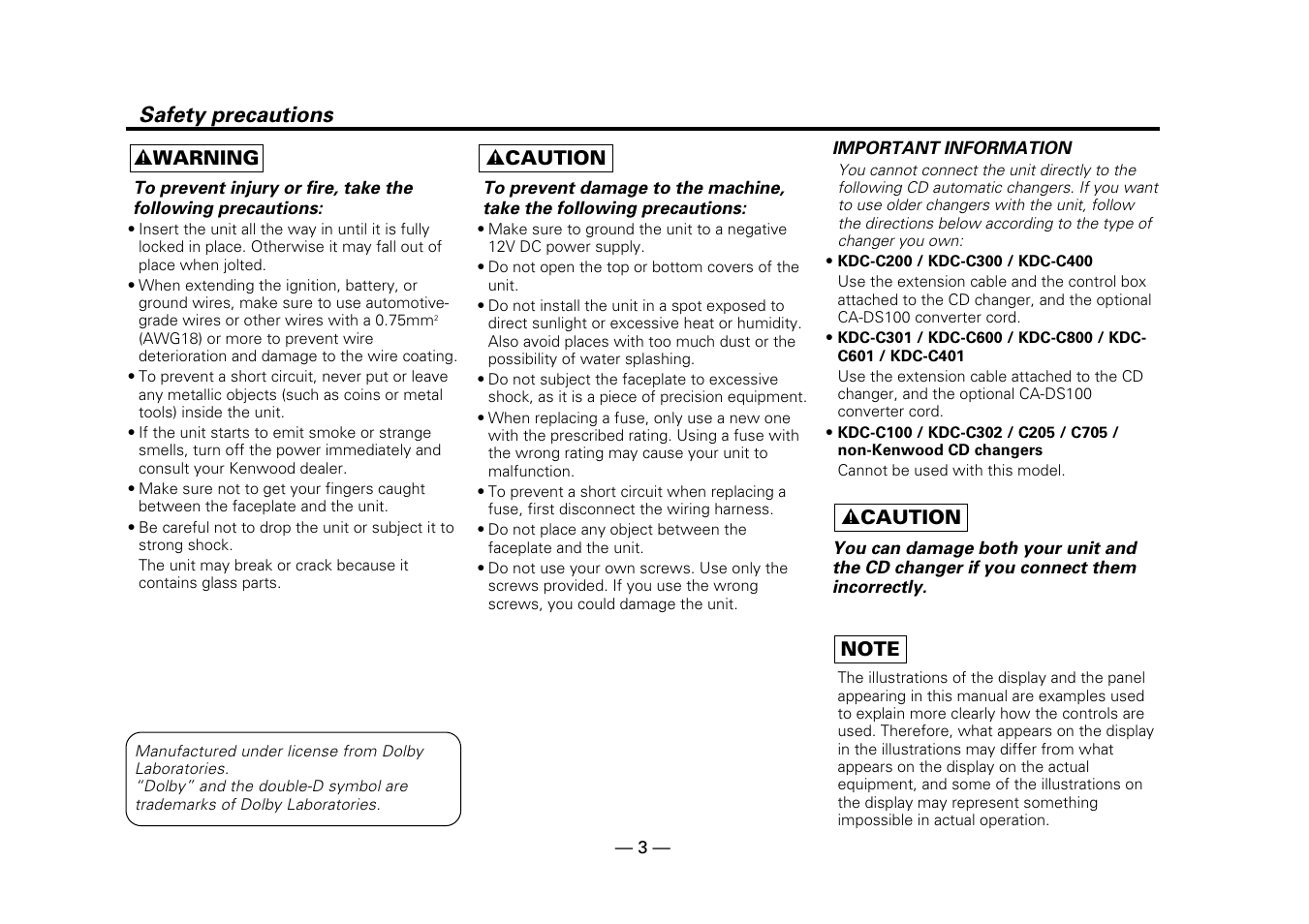 Safety precautions | Kenwood DPX-5010 User Manual | Page 3 / 48