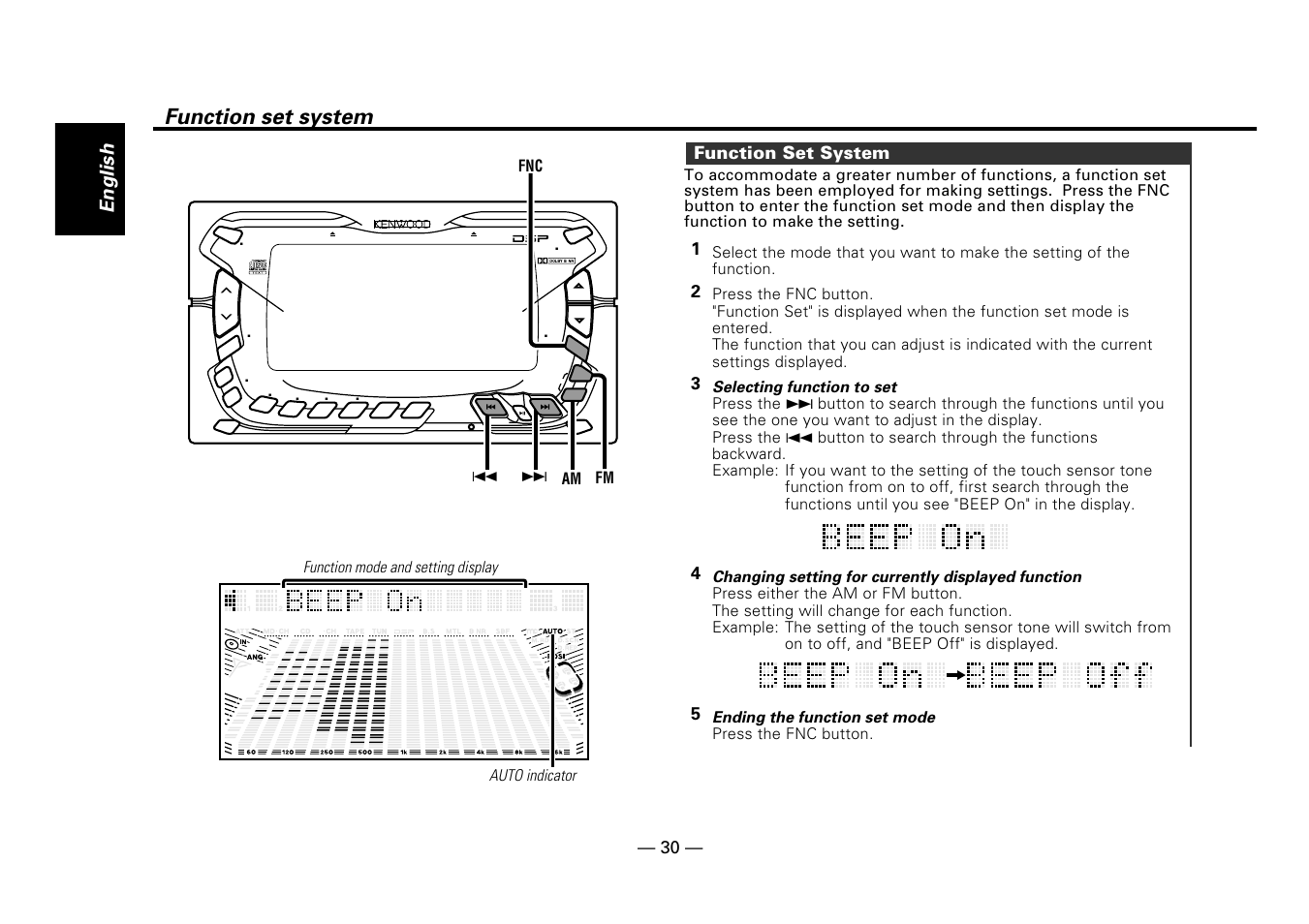 Function set system, English, Fm 4 ¢ am fnc | Function mode and setting display auto indicator | Kenwood DPX-5010 User Manual | Page 30 / 48