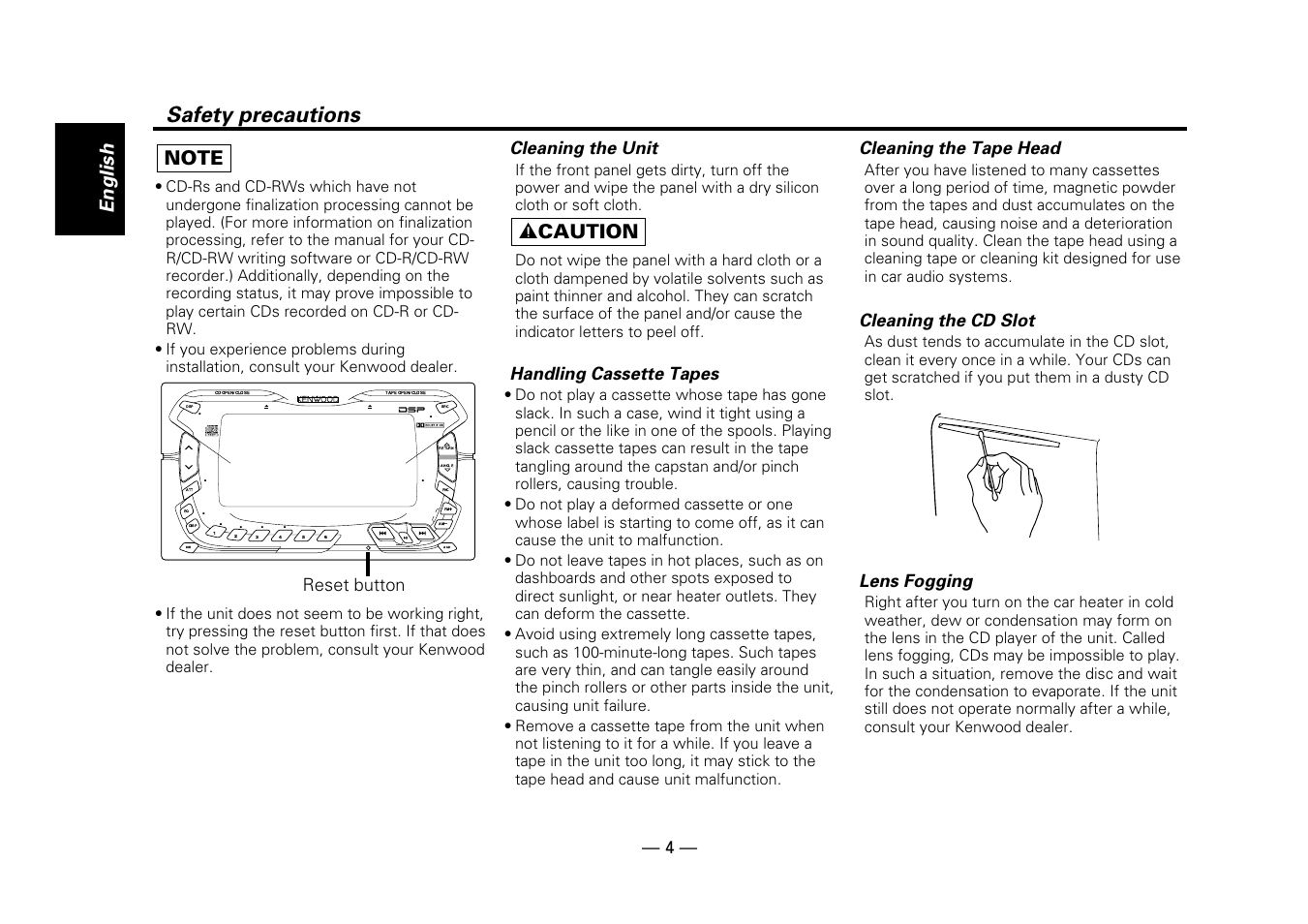Safety precautions, English, Digital signal processor | 2 caution, Reset button cleaning the unit, Handling cassette tapes, Cleaning the tape head, Cleaning the cd slot, Lens fogging | Kenwood DPX-5010 User Manual | Page 4 / 48