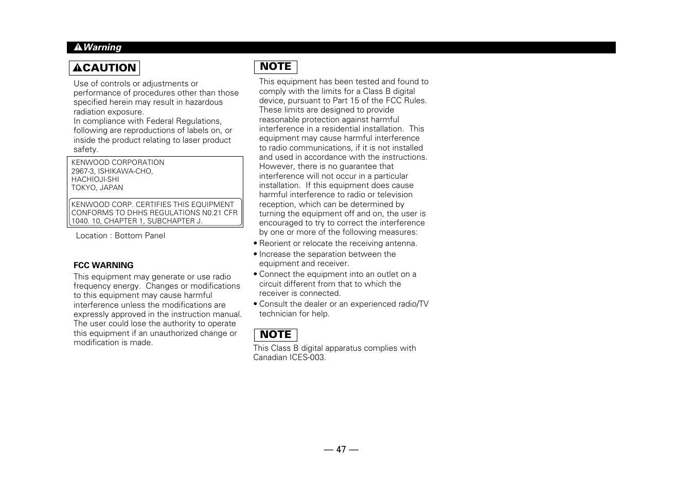 Warning | Kenwood DPX-5010 User Manual | Page 47 / 48