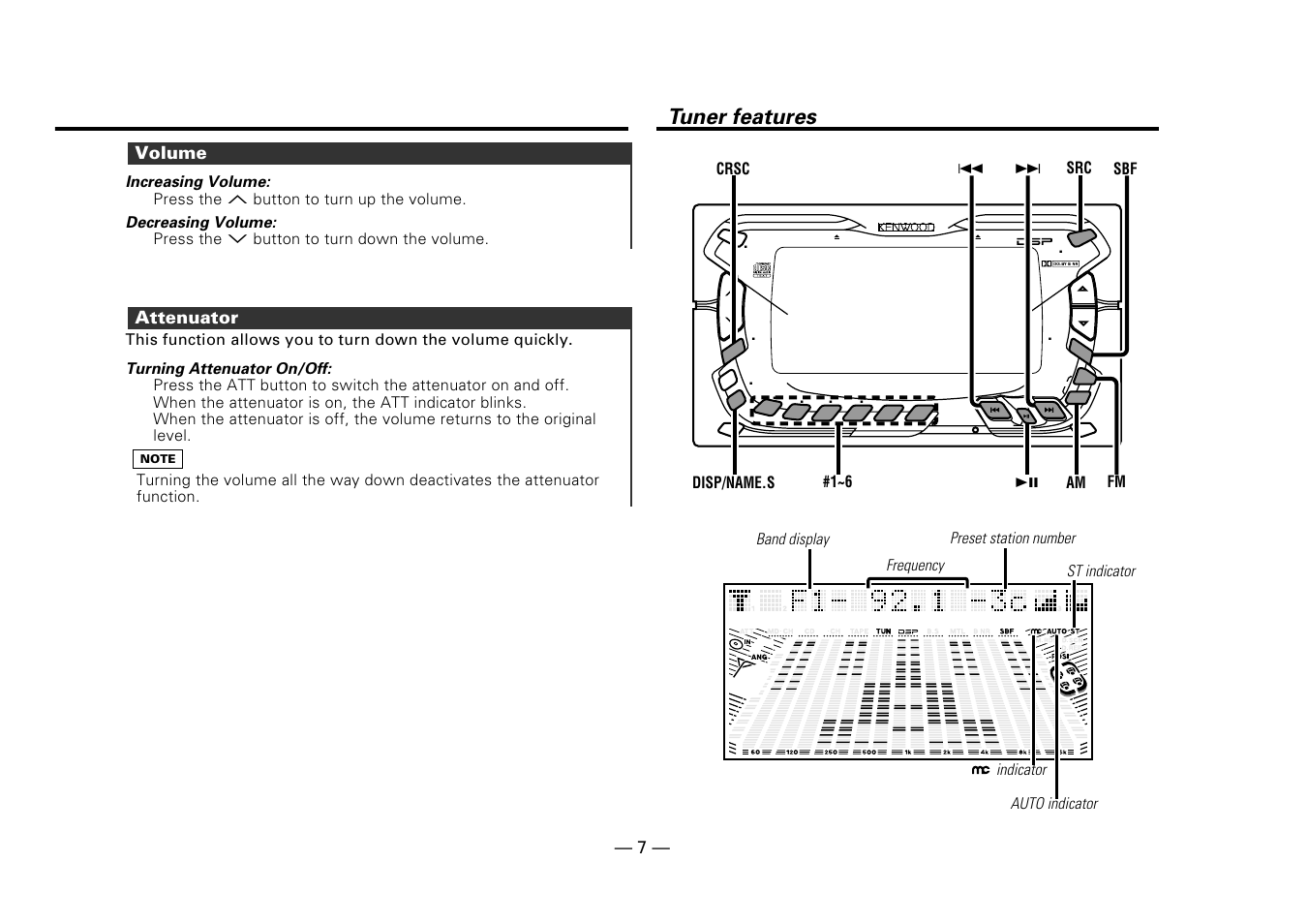 Volume, Attenuator, Tuner features | Volume — 7 | Kenwood DPX-5010 User Manual | Page 7 / 48