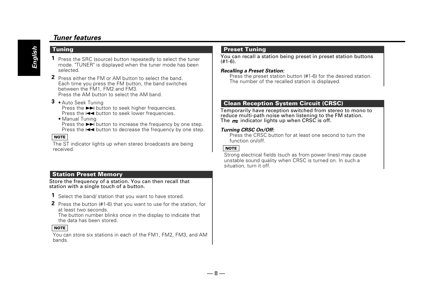 Tuning, Station preset memory, Preset tuning | Clean reception system circuit (crsc), Tuner features | Kenwood DPX-5010 User Manual | Page 8 / 48