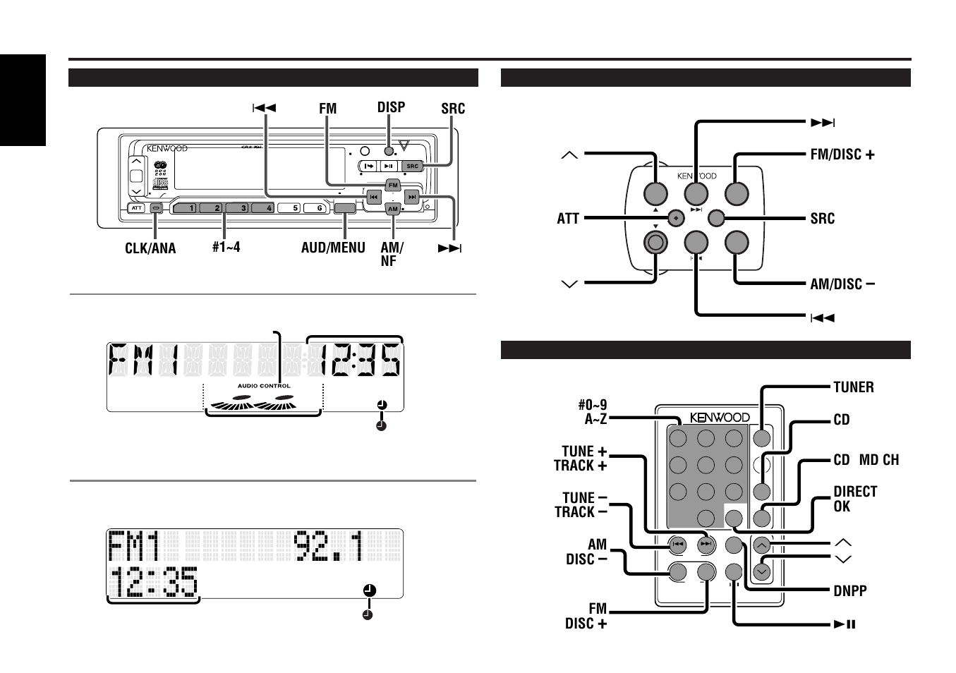 Other features, Steering remote control, Remote control | Buttons and display, English, Clk/ana aud/menu am/ nf fm 4 disp src, 0~9 a~z tune, Track, Tune, Am disc | Kenwood CD-RECEIVER KDC-PS9060R User Manual | Page 8 / 46