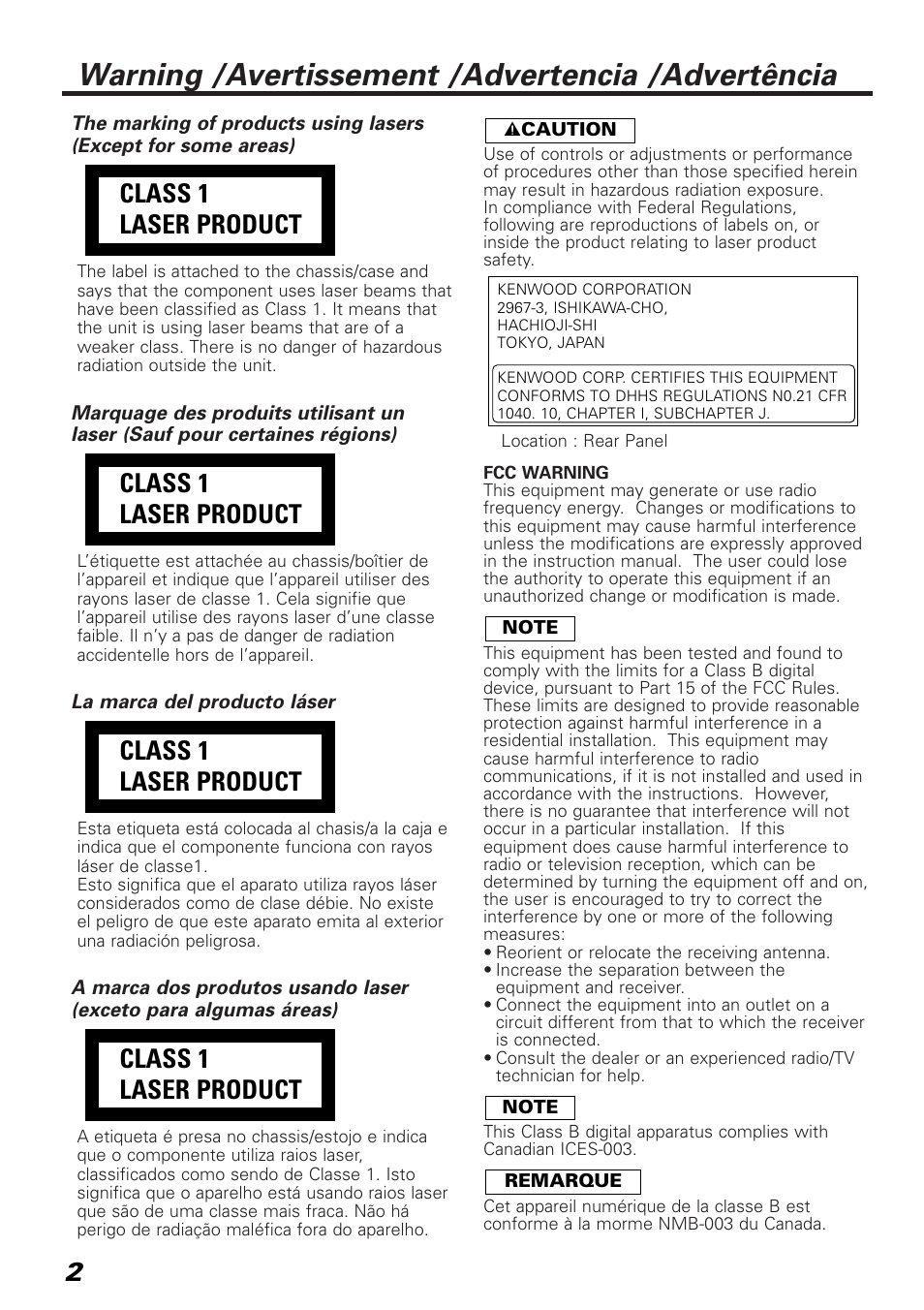 Warning /avertissement /advertencia /advertência, Class 1 laser product | Kenwood KDC-C717 User Manual | Page 2 / 16