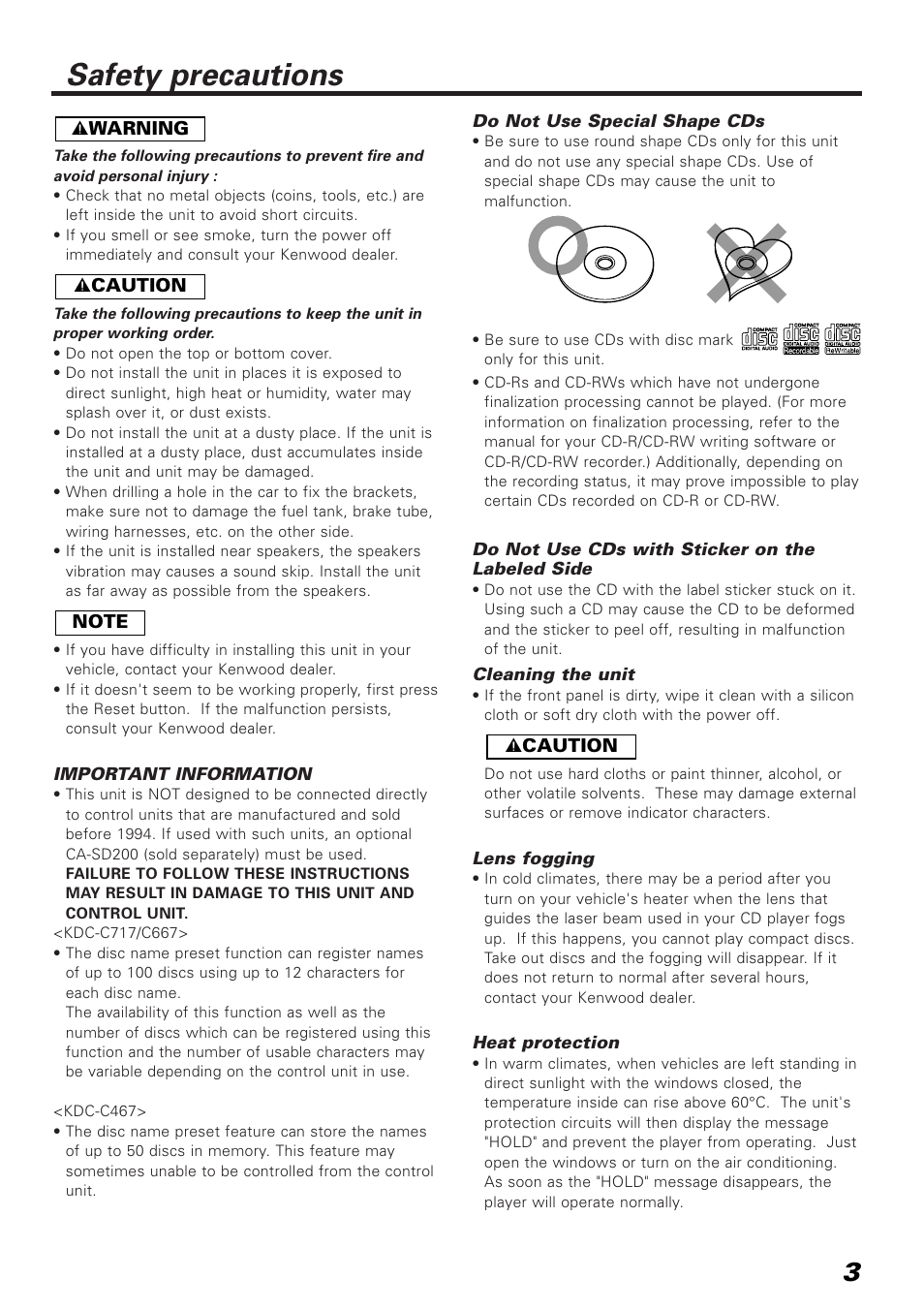 Safety precautions | Kenwood KDC-C717 User Manual | Page 3 / 16