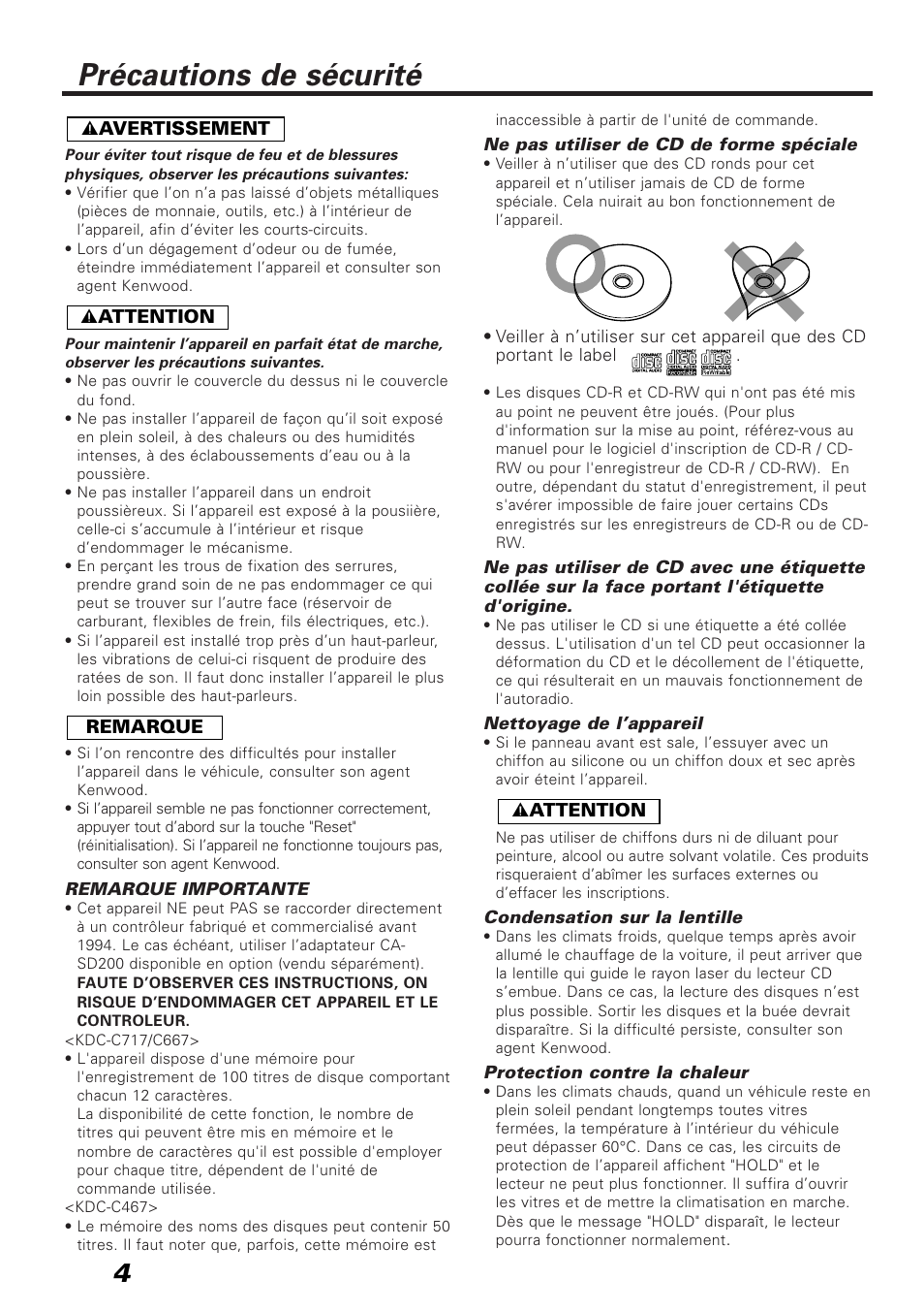 Précautions de sécurité | Kenwood KDC-C717 User Manual | Page 4 / 16