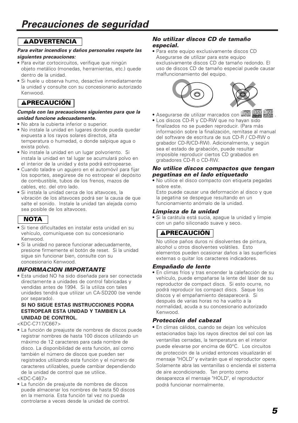 Precauciones de seguridad | Kenwood KDC-C717 User Manual | Page 5 / 16