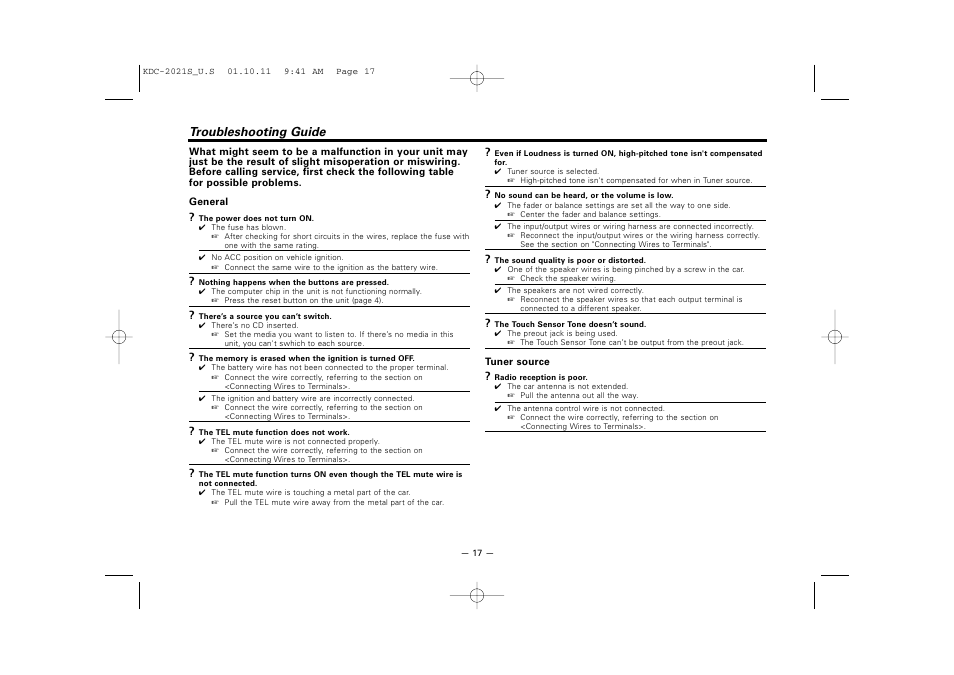 Troubleshooting guide | Kenwood KDC-2021S User Manual | Page 17 / 19