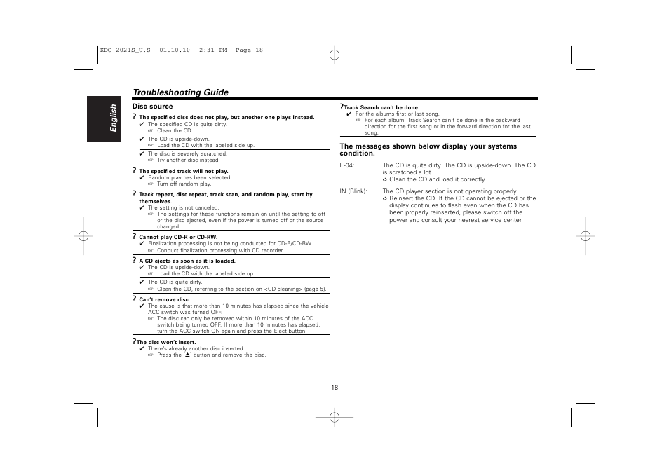 Troubleshooting guide | Kenwood KDC-2021S User Manual | Page 18 / 19