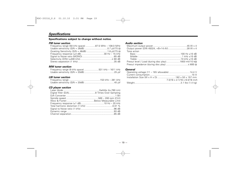 Specifications | Kenwood KDC-2021S User Manual | Page 19 / 19