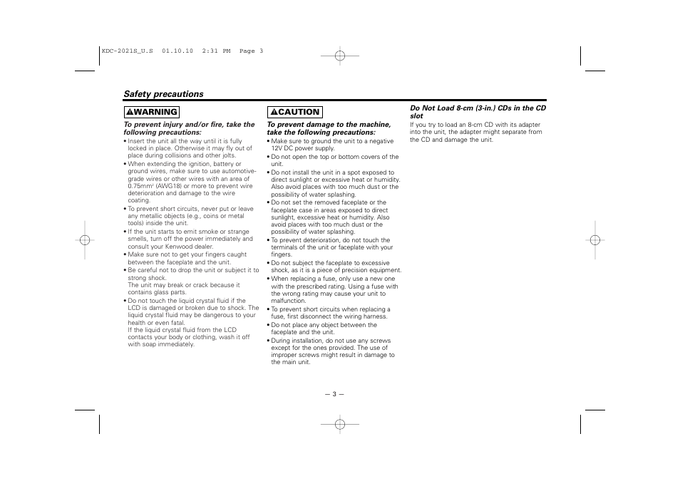 Safety precautions | Kenwood KDC-2021S User Manual | Page 3 / 19