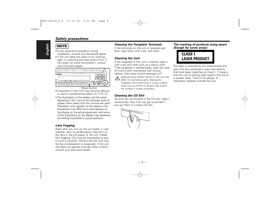 Class 1 laser product | Kenwood KDC-2021S User Manual | Page 4 / 19