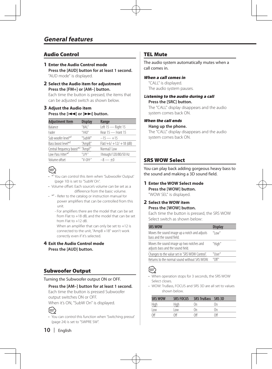 General features, Audio control 1, Subwoofer output | Srs wow select, Tel mute | Kenwood DPX-3070B  EN User Manual | Page 10 / 108