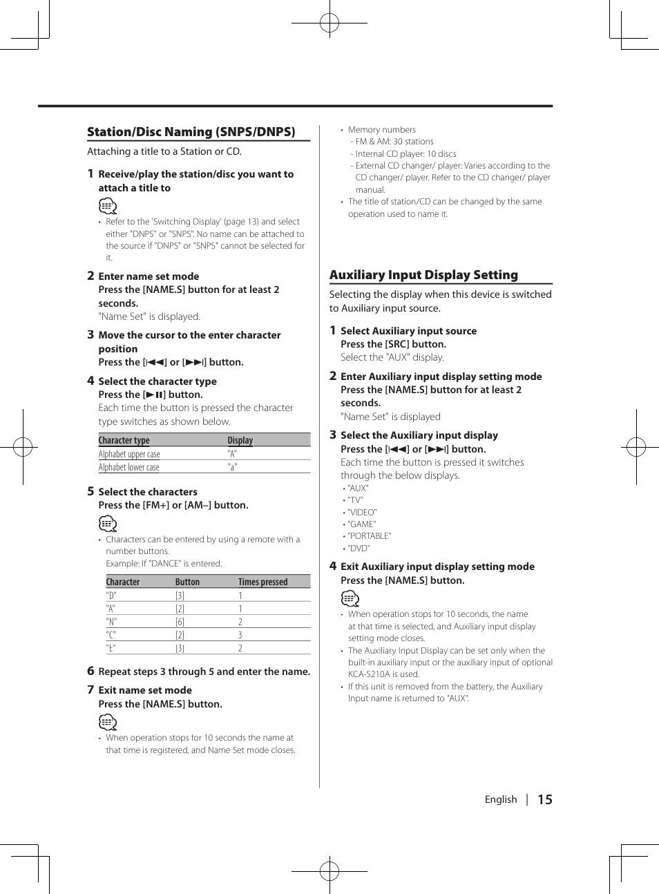 Station/disc naming (snps/dnps), Auxiliary input display setting | Kenwood DPX-3070B  EN User Manual | Page 15 / 108