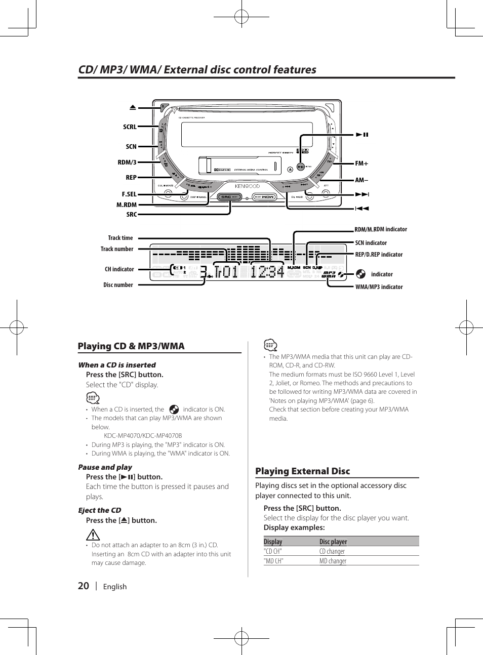 Cd/ mp3/ wma/ external disc control features, Playing cd & mp3/wma, Playing external disc | Kenwood DPX-3070B  EN User Manual | Page 20 / 108