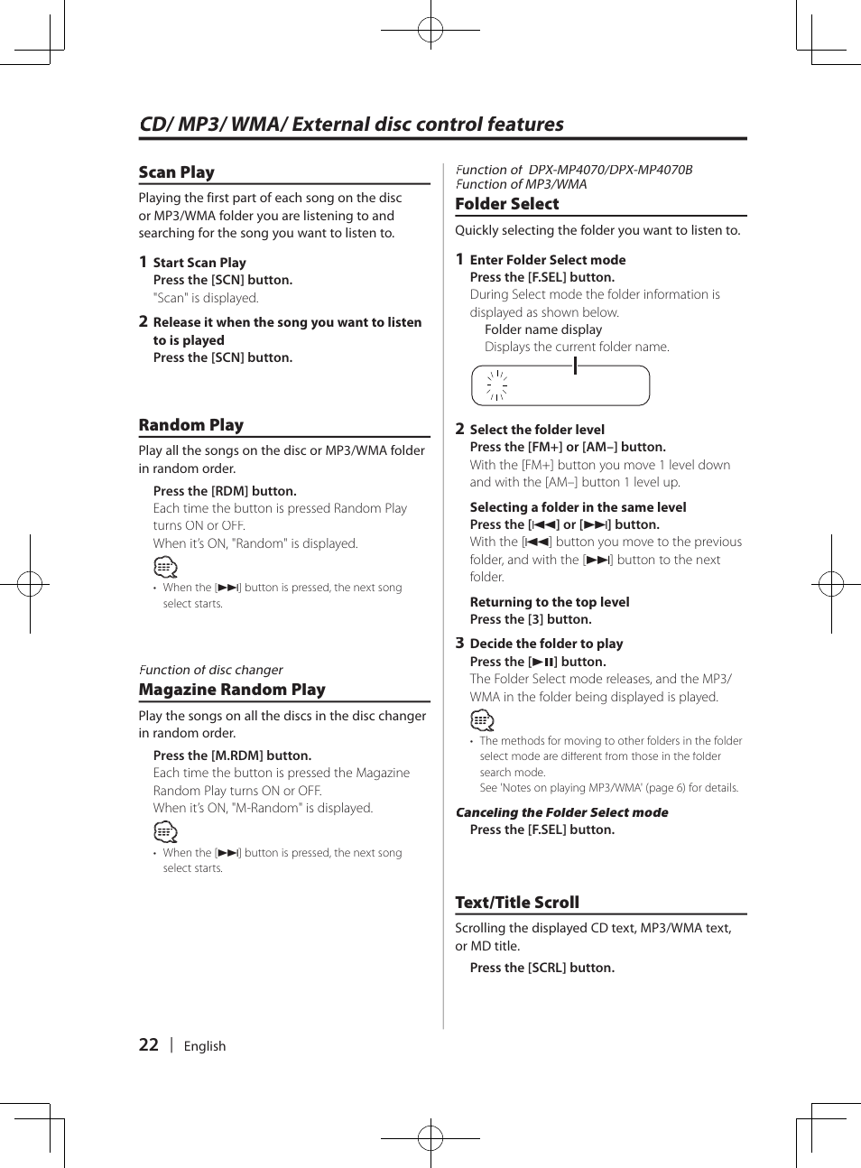 Cd/ mp3/ wma/ external disc control features | Kenwood DPX-3070B  EN User Manual | Page 22 / 108