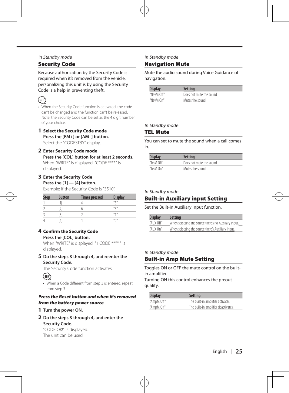 Security code, Tel mute, Built-in auxiliary input setting | Built-in amp mute setting, Navigation mute | Kenwood DPX-3070B  EN User Manual | Page 25 / 108