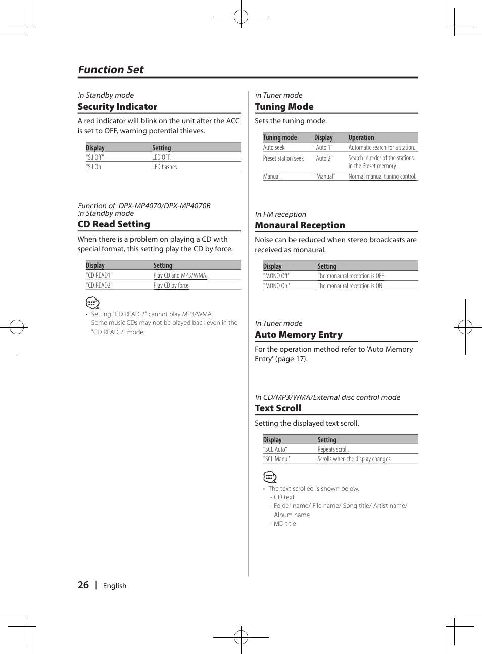Function set, Cd read setting, Tuning mode | Monaural reception, Text scroll, Security indicator | Kenwood DPX-3070B  EN User Manual | Page 26 / 108