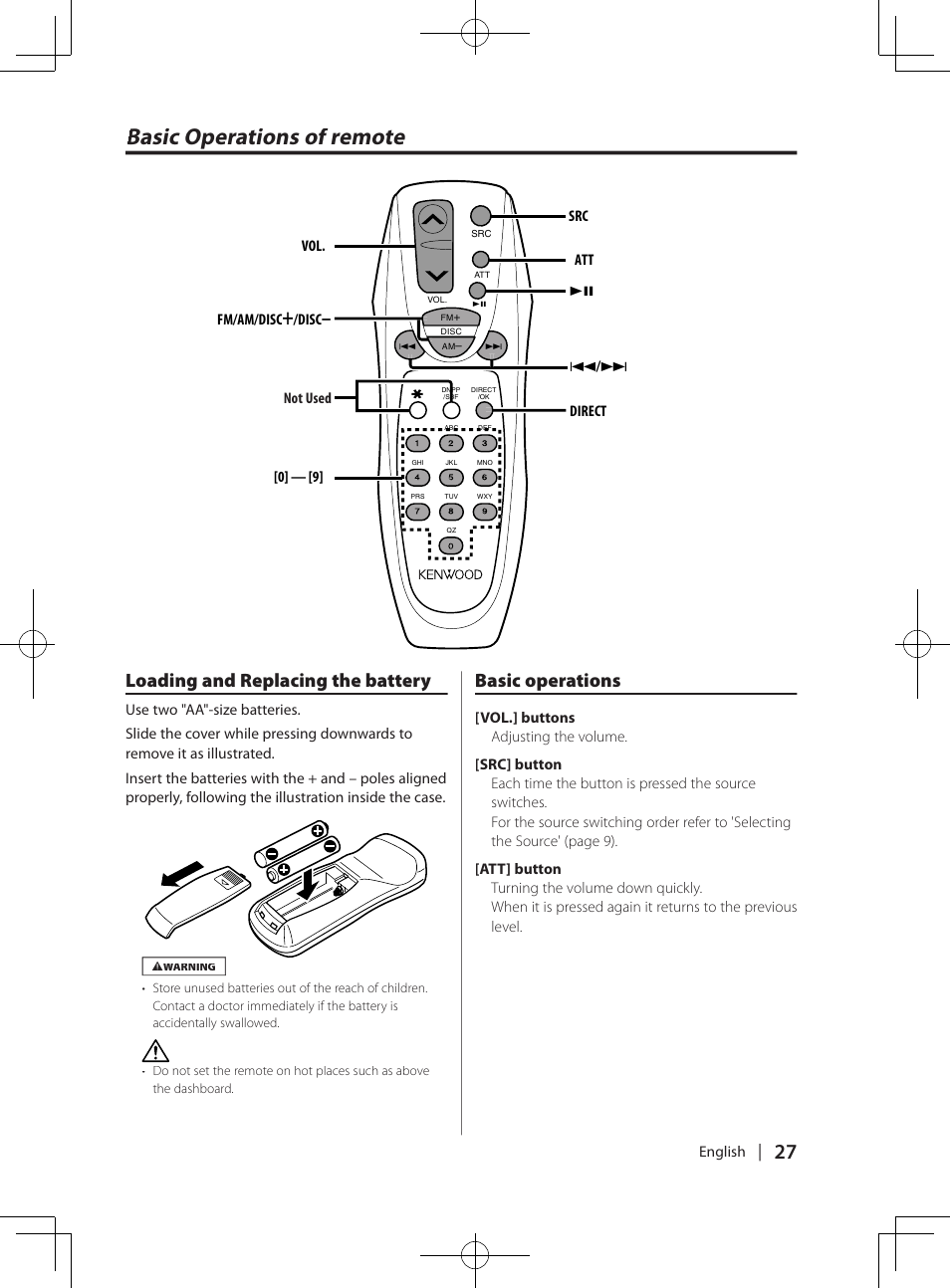 Basic operations of remote, Loading and replacing the battery, Basic operations | Kenwood DPX-3070B  EN User Manual | Page 27 / 108