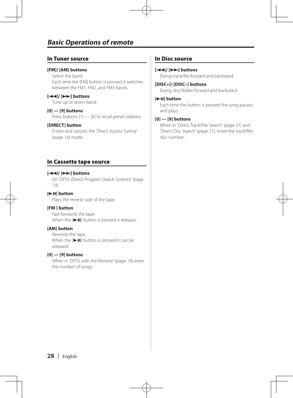 Basic operations of remote | Kenwood DPX-3070B  EN User Manual | Page 28 / 108