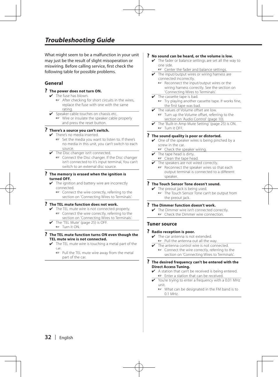 Troubleshooting guide | Kenwood DPX-3070B  EN User Manual | Page 32 / 108
