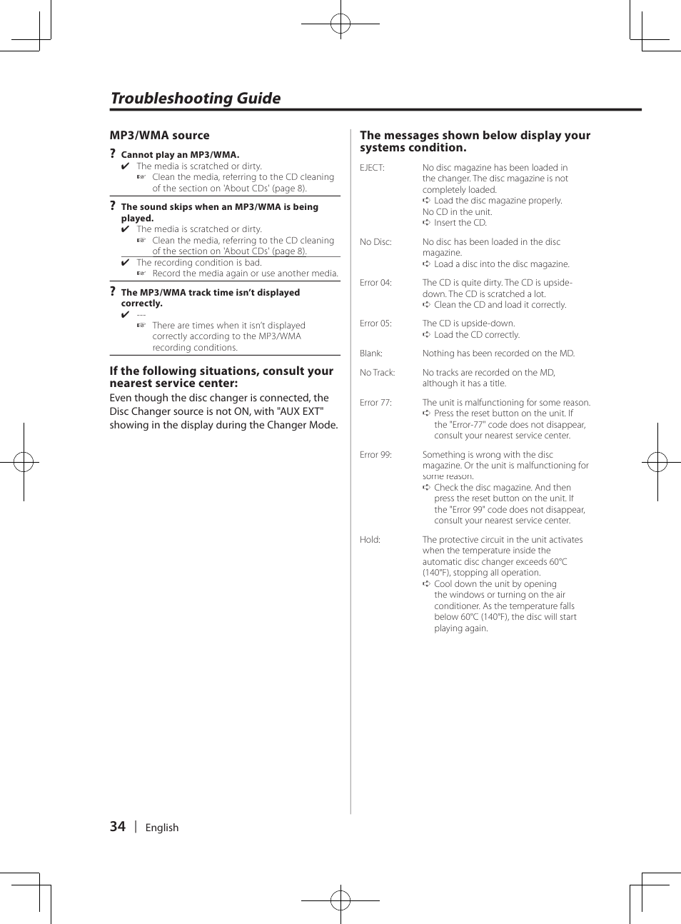 Troubleshooting guide | Kenwood DPX-3070B  EN User Manual | Page 34 / 108