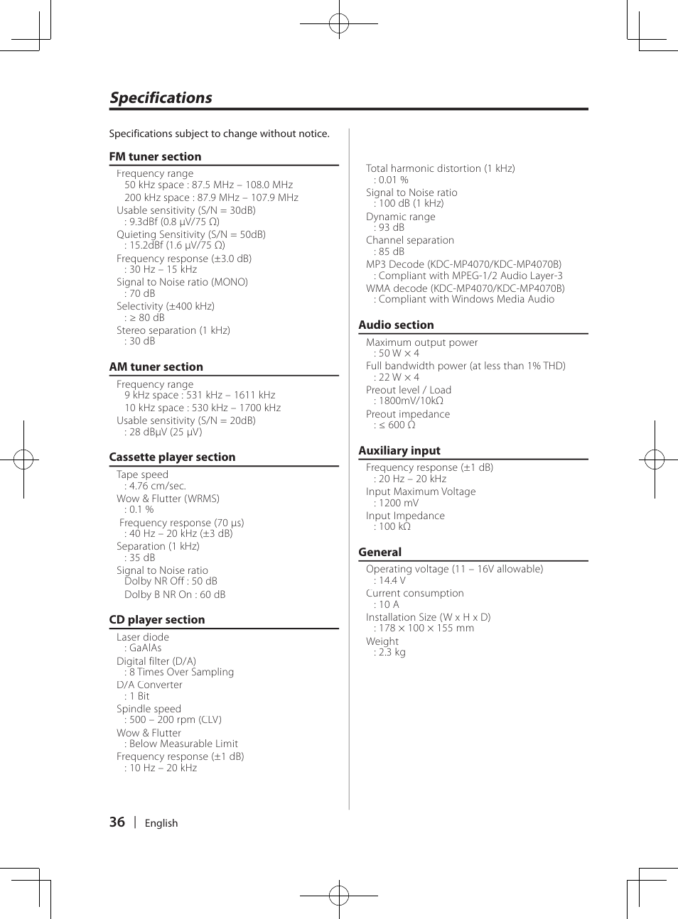 Specifications | Kenwood DPX-3070B  EN User Manual | Page 36 / 108