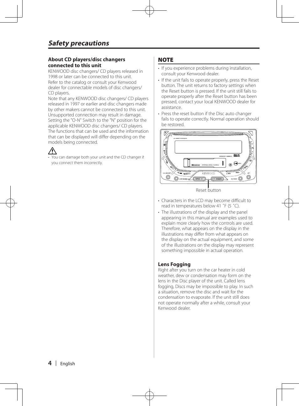 Safety precautions | Kenwood DPX-3070B  EN User Manual | Page 4 / 108