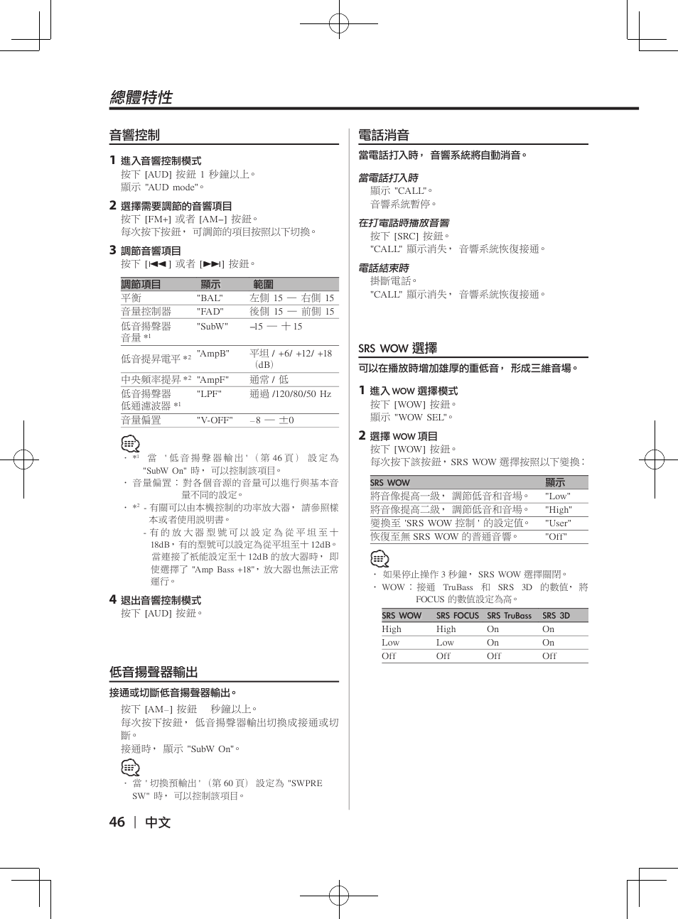 總體特性, 音響控制, 低音揚聲器輸出 | 電話消音, Srs�wow 選擇 | Kenwood DPX-3070B  EN User Manual | Page 46 / 108