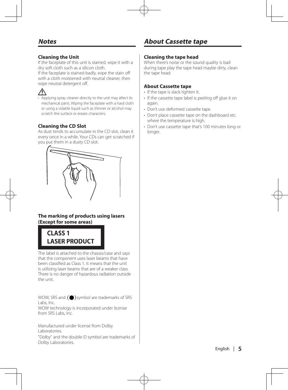 Class 1 laser product, About cassette tape | Kenwood DPX-3070B  EN User Manual | Page 5 / 108