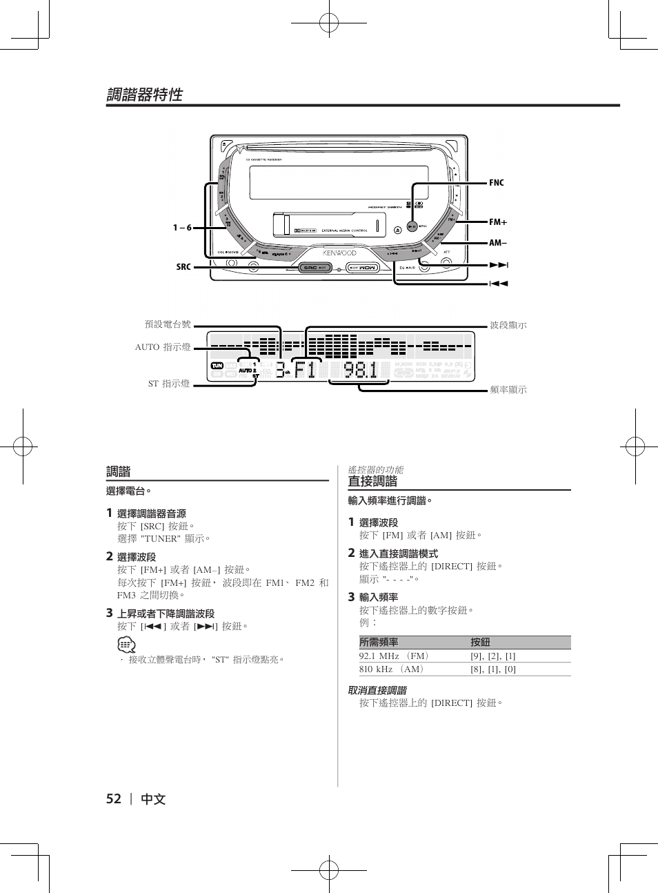 調諧器特性 | Kenwood DPX-3070B  EN User Manual | Page 52 / 108