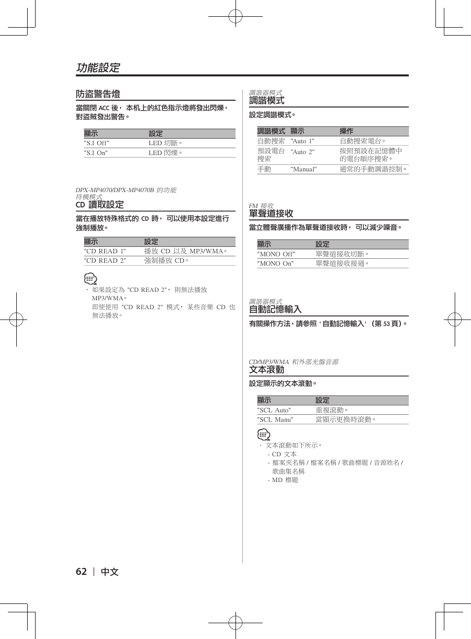 功能設定 | Kenwood DPX-3070B  EN User Manual | Page 62 / 108