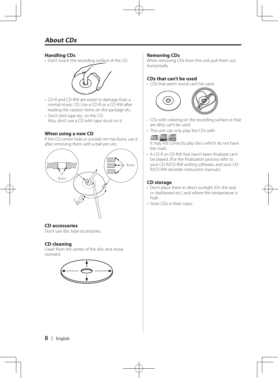 About cds | Kenwood DPX-3070B  EN User Manual | Page 8 / 108