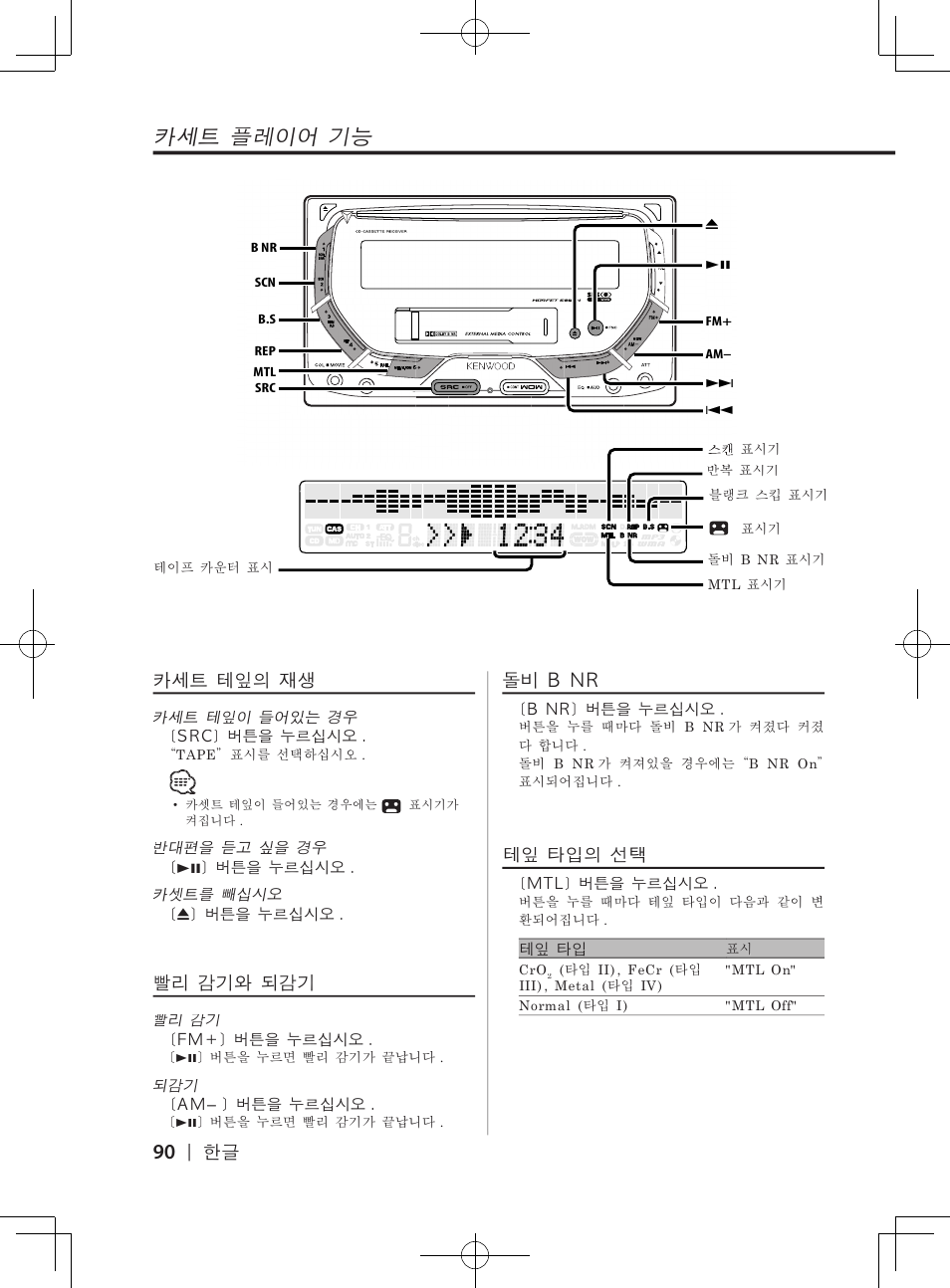 카세트�플레이어�기능, 돌비�b�nr, 테잎�타입의�선택 | 카세트�테잎의�재생, 빨리�감기와�되감기 | Kenwood DPX-3070B  EN User Manual | Page 90 / 108