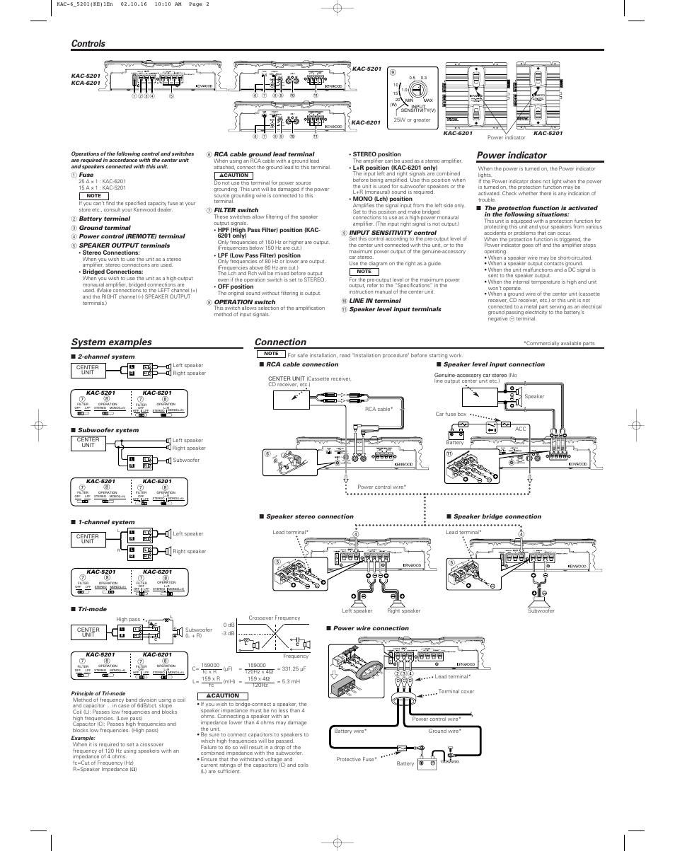 System examples, Power indicator, Controls | Connection | Kenwood KAC-5201 User Manual | Page 2 / 2