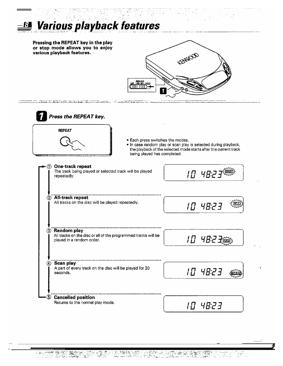 0 one-track repeat, 0 au-track repeat, 0 random play | 0 scan play, 0 cancelled position, 10 hb-e3, I u 10 hb-e3 | Kenwood DPC-341 User Manual | Page 18 / 28