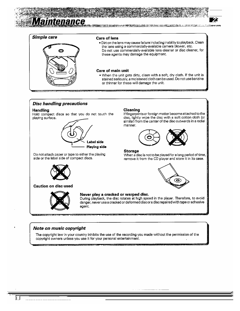 Care of lens, Care of main unit, Caution on disc used | Cleaning, Storage, Never play a cracked or warped disc | Kenwood DPC-341 User Manual | Page 23 / 28