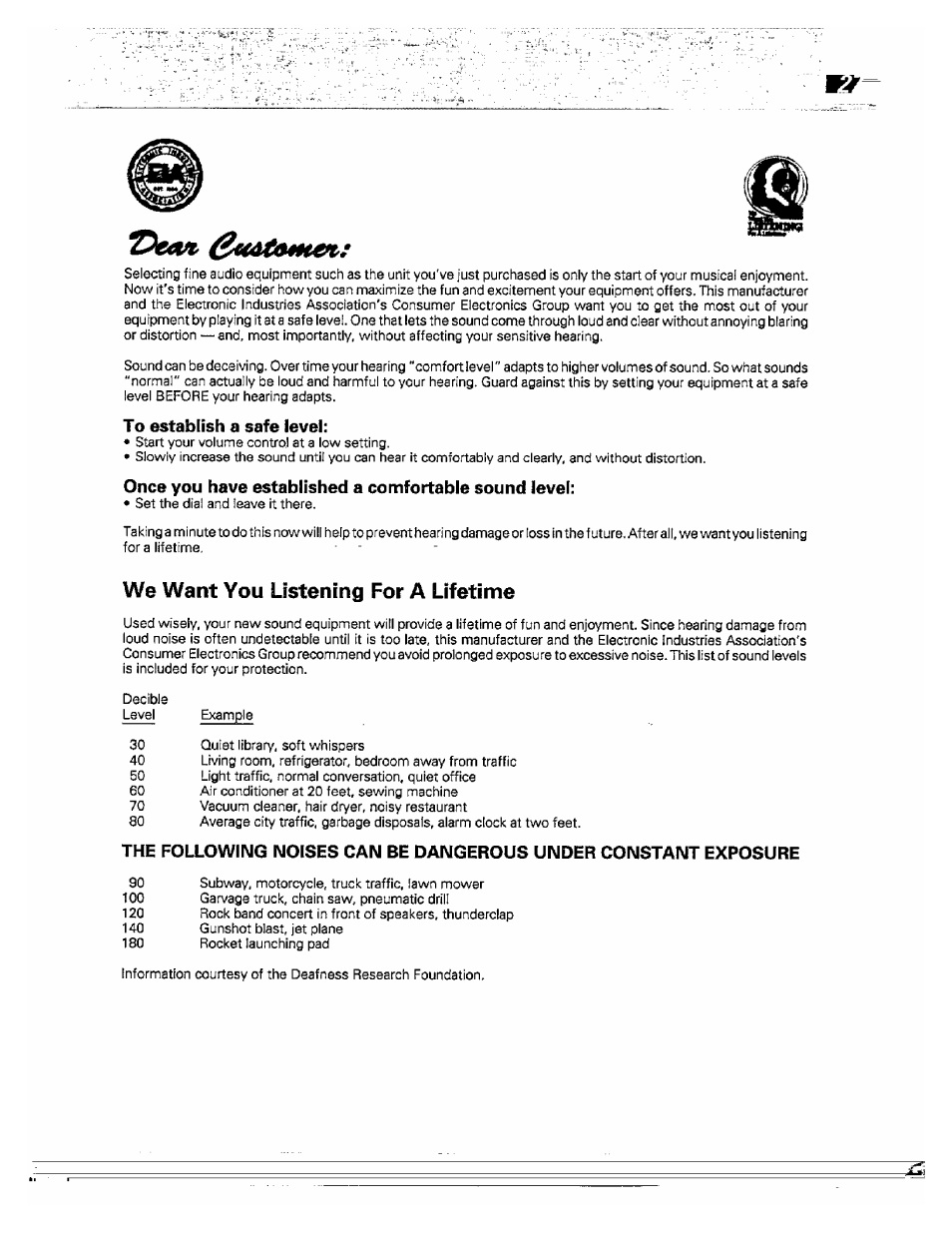 To establish a safe level, We want you listening for a lifetime | Kenwood DPC-341 User Manual | Page 27 / 28