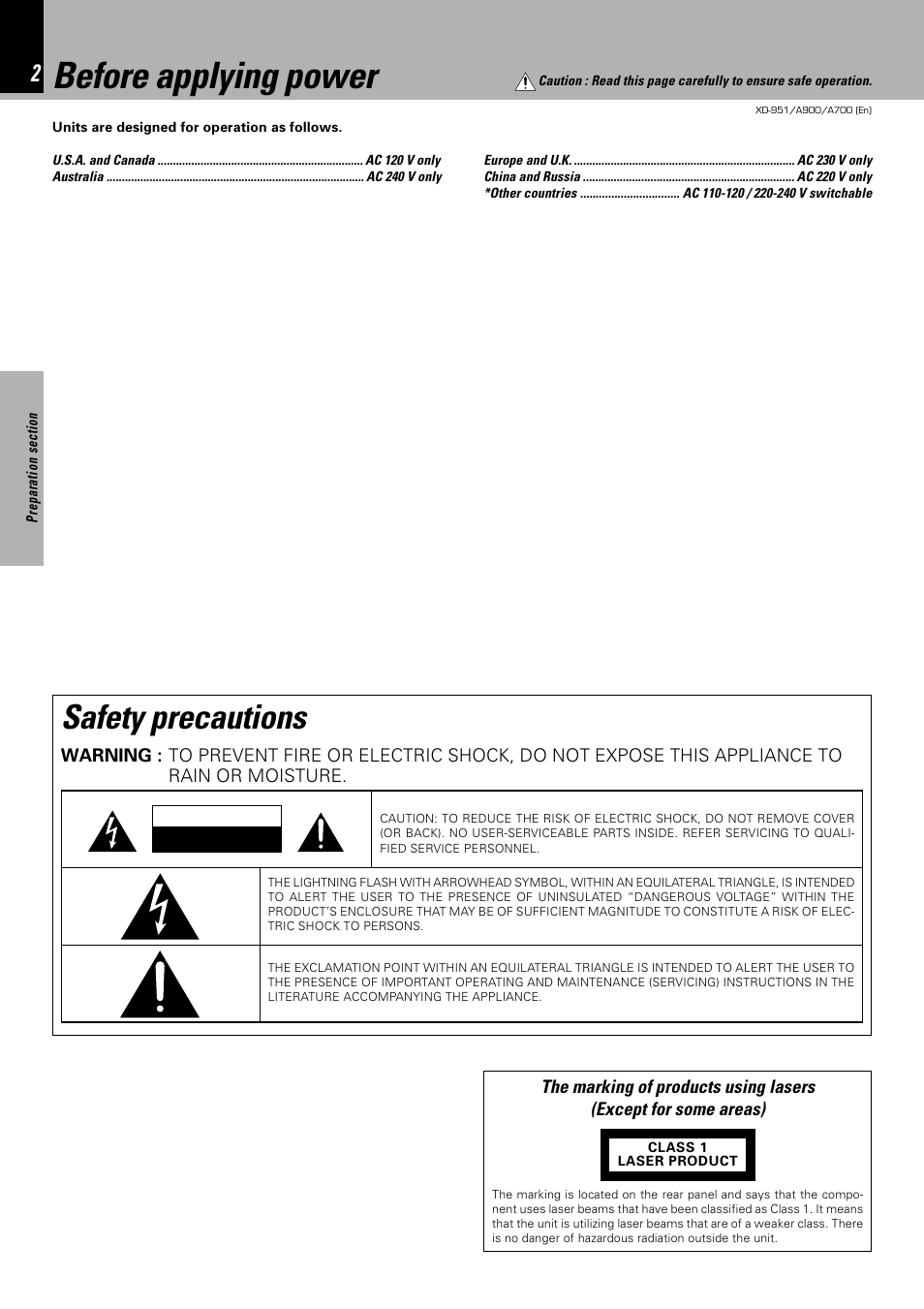 Before applying power, Safety precautions | Kenwood XD-A900 User Manual | Page 2 / 68