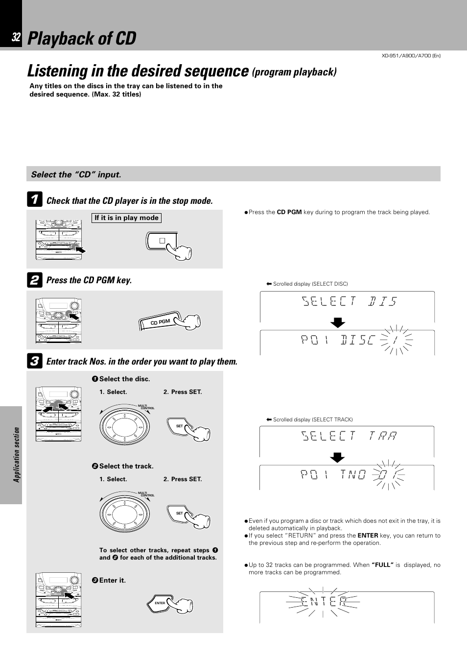 Playback of cd, Listening in the desired sequence | Kenwood XD-A900 User Manual | Page 32 / 68