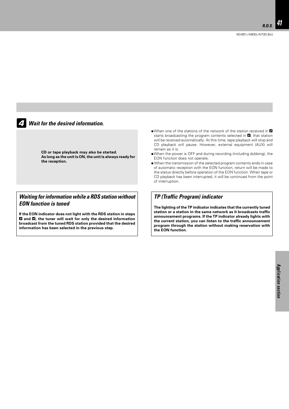 Wait for the desired information, Tp (traffic program) indicator | Kenwood XD-A900 User Manual | Page 41 / 68